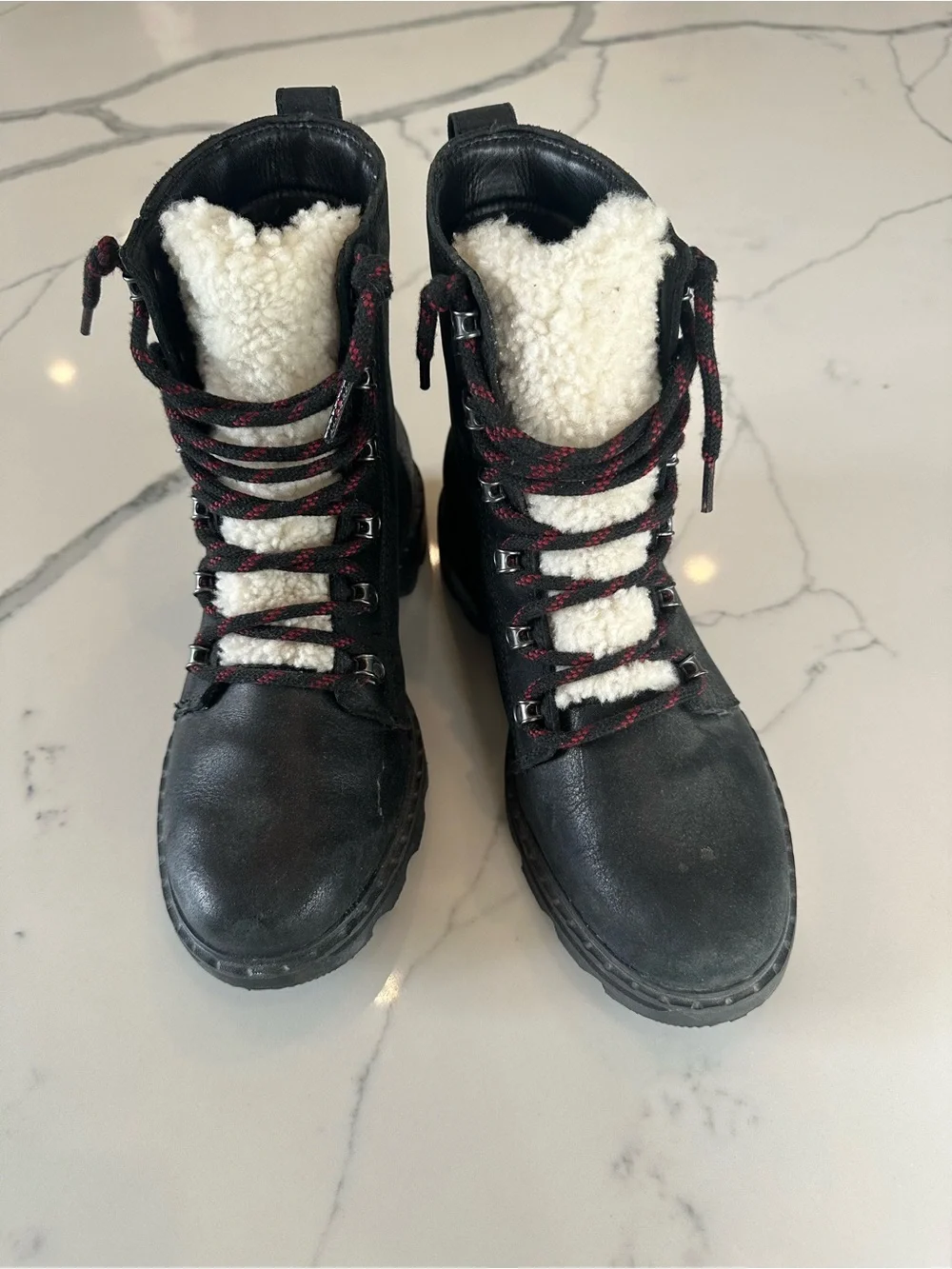 Sorel Black Boots with White Shearling and Red-Accent Laces